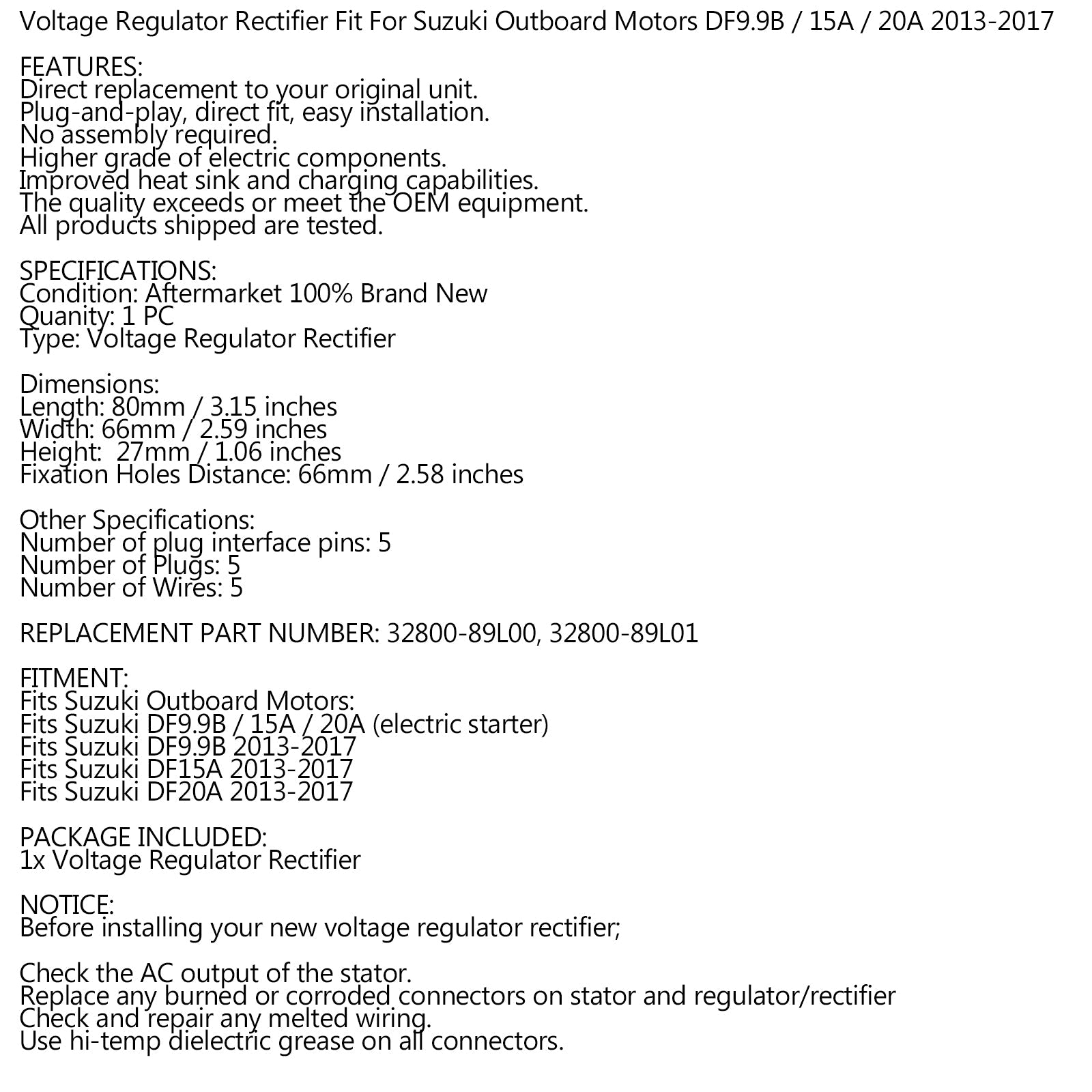 Rectifier Regulator for Suzuki DF 9.9/15 Outboard Motors 32800-89L00 32800-89L01 Generic