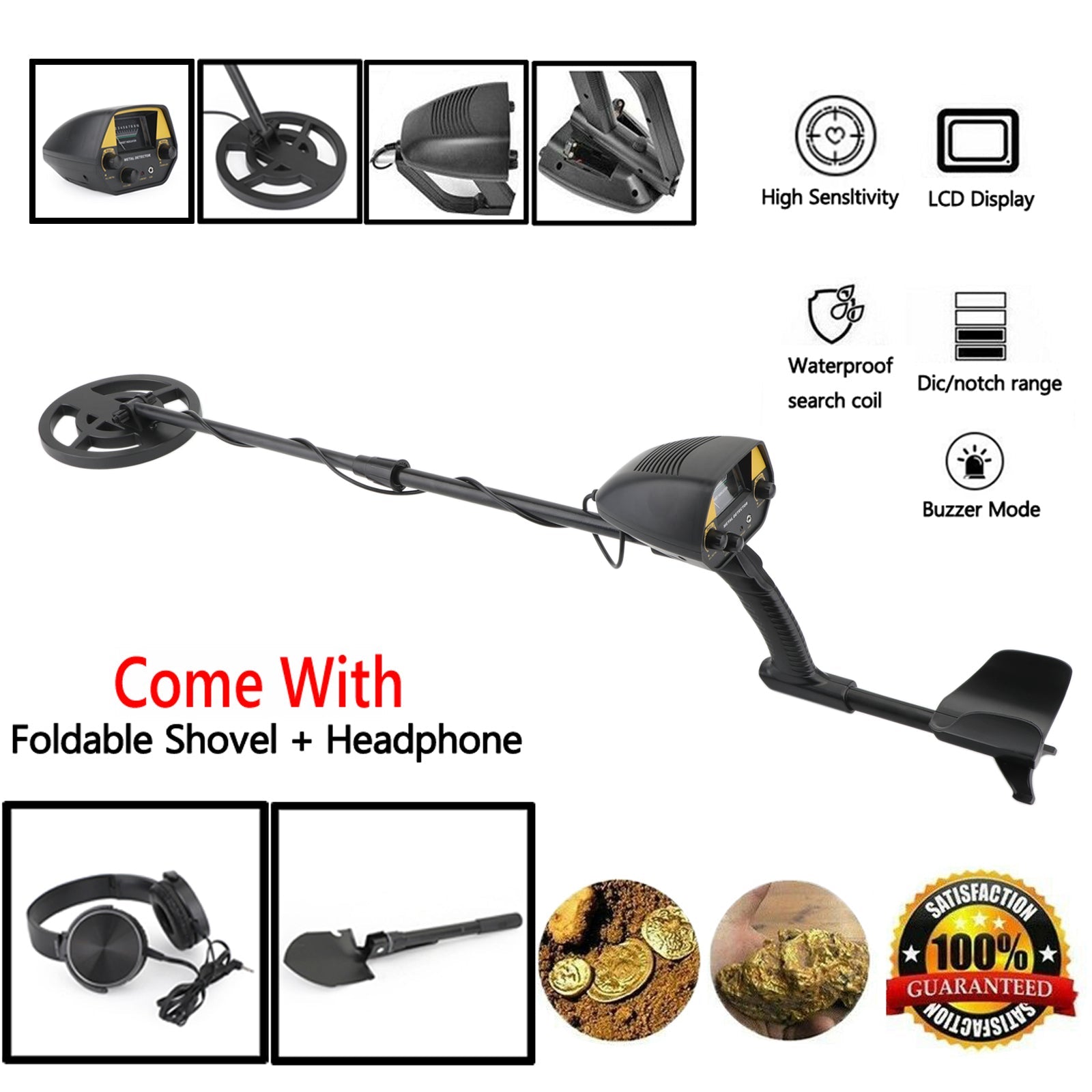 Kit 3 en 1 Detector de metales 7.8" Gold Digger Hunter Deep Sensitive Shovel Auricular