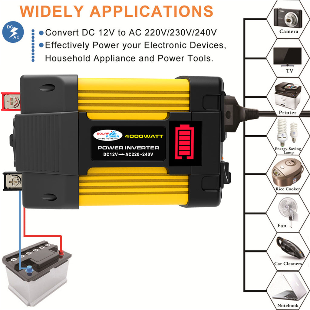 Inversor de onda sinusoidal de potencia de coche de 4000 W con pantalla LED DC 12 V a inversor de CA 220 V