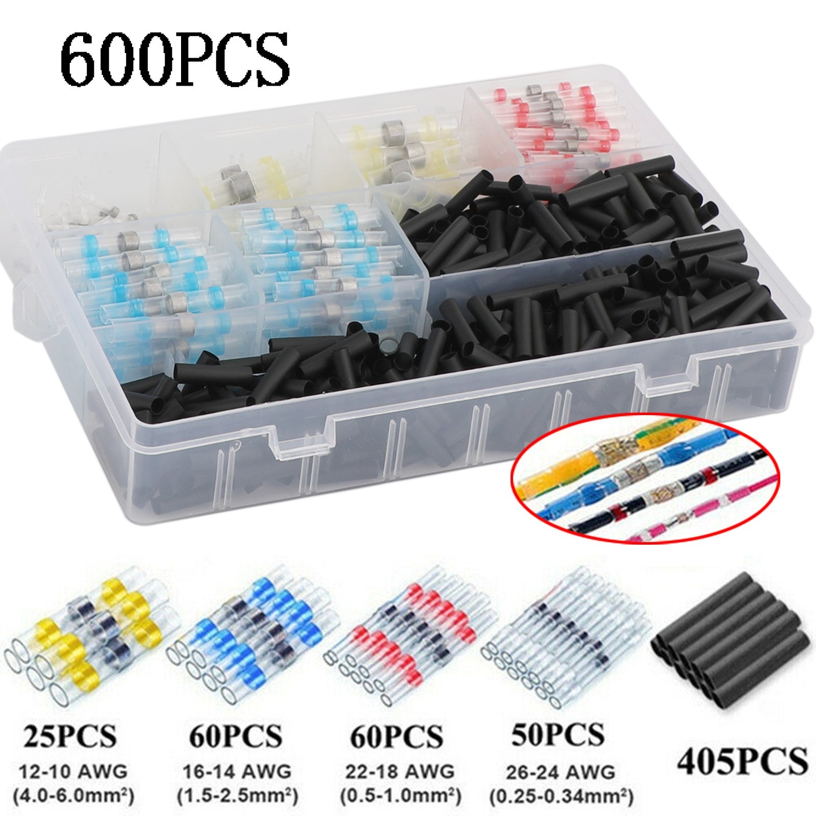 600PC Solder Sleeve Seal Electrical Butt Wire Heat Shrink Terminal Connector Kit Generic