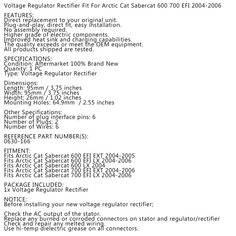 Regulador de voltaje apto para Arctic Cat Sabercat 600 700 EFI Snowmobile 0630-166