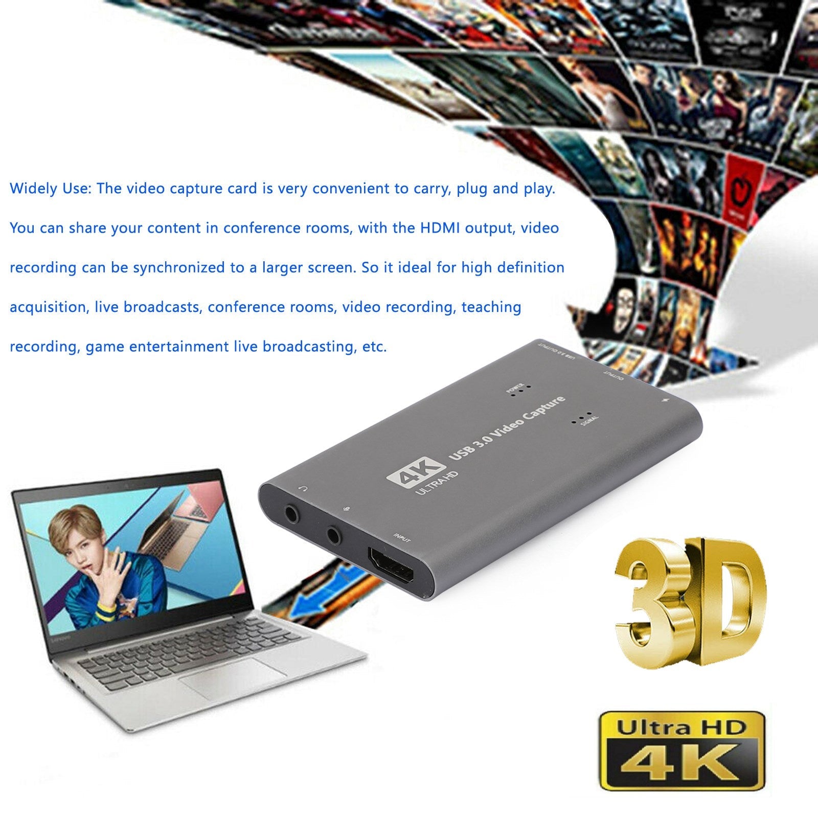 4K 1080p 60fps HD a USB 3.0 Video Capture Card Game Live Recorder Plug and Play