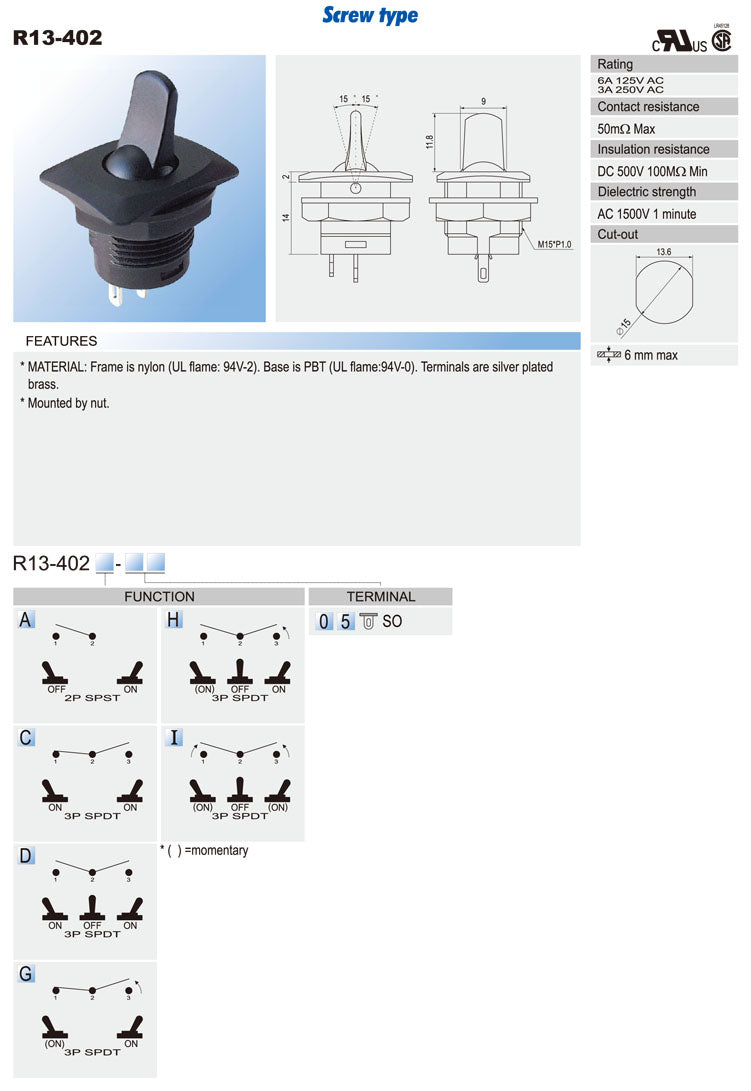 1PC R13-402C SPDT Toggle Switch 3 Pin 2 Position (ON)-ON 6A/125VAC 3A/250VAC