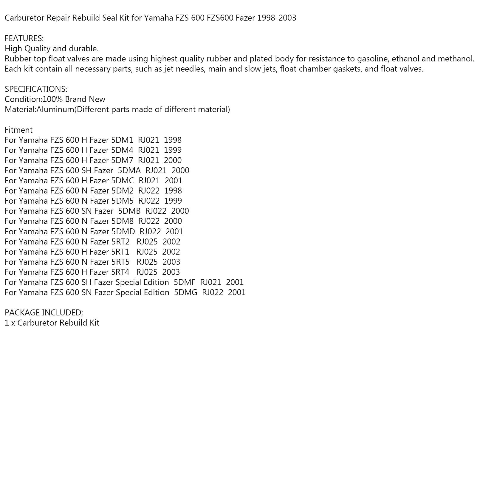 Carburetor Repair Rebuild Seal Kit for Yamaha FZS 600 H N FZS600 Fazer 1998-2003 Generic