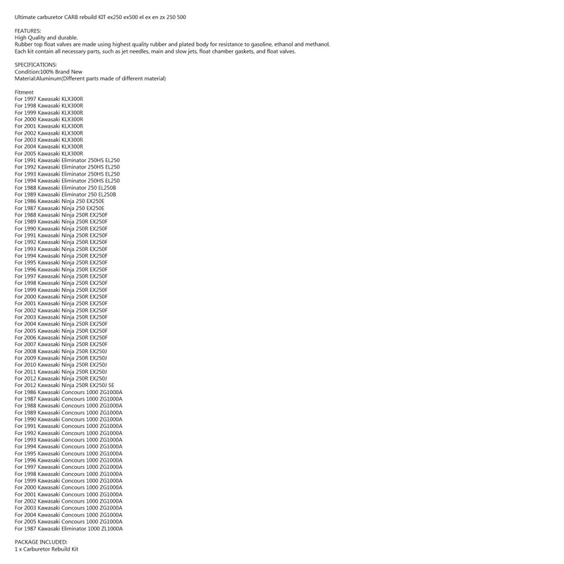 طقم إعادة بناء المكربن ​​الفاخر CARB لـ Kawasaki ex250 ex500 el ex en zx 250 500 عام
