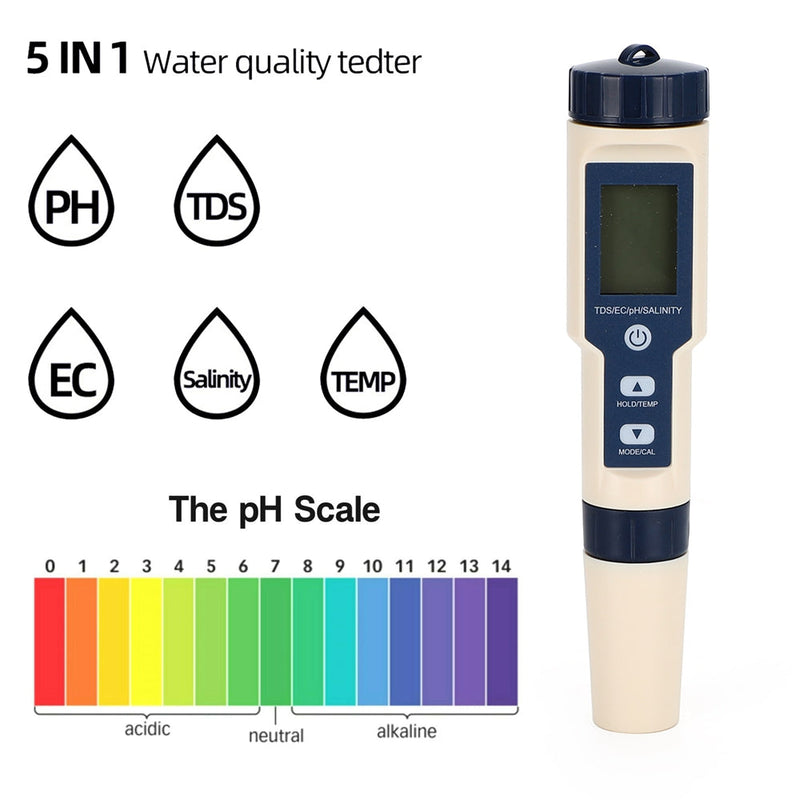 5 en 1 PH/TDS/EC/salinidad/temperatura Digital agua calidad probador medidor herramienta de prueba