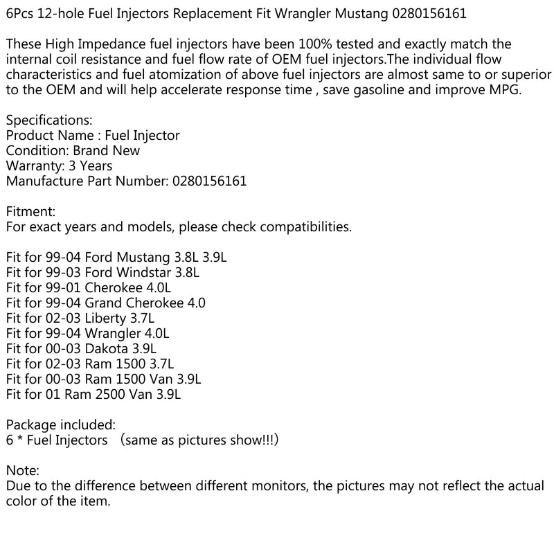 6 piezas de repuesto de inyectores de combustible de 12 orificios para Wrangler Mustang 0280156161 genérico