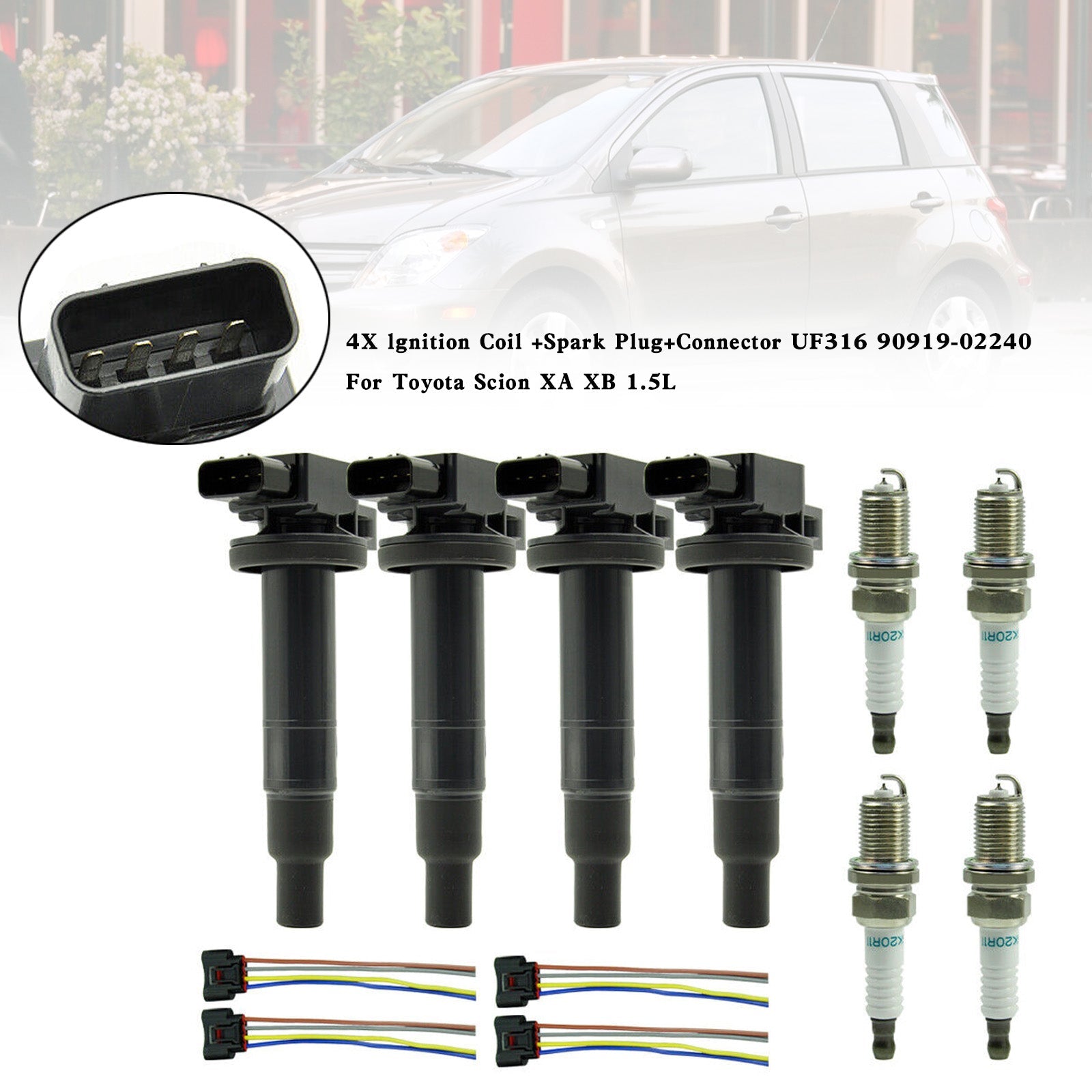 4X bobina de encendido + bujía + conector UF316 90919-02240 9008019021 para Scion XA XB 1.5L