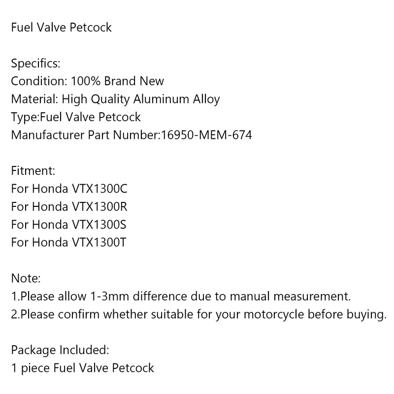 Petcock de vacío de combustible para Honda VTX1300C VTX1300R VTX1300S VTX1300T 16950-MEM-674 genérico