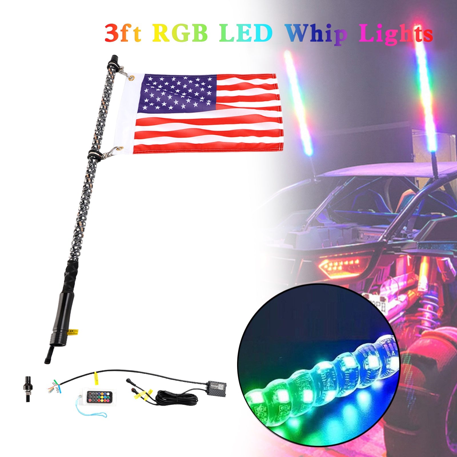 3ft RGB LED APP سوط أضواء هوائي ث/العلم التحكم عن بعد ل Polaris UTV ATV