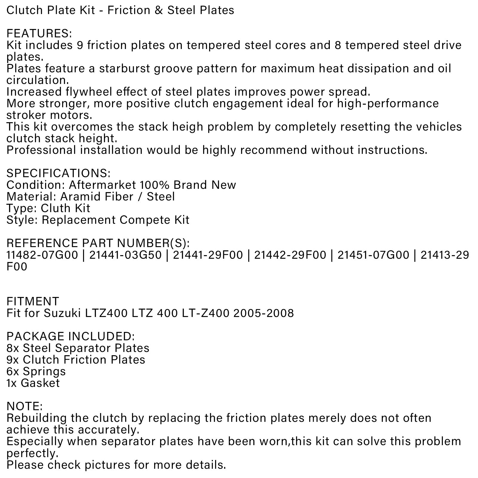 Clutch Kit Set Discs Disks Plates Springs Gasket fit for Suzuki LTZ400 2005-2008 Generic