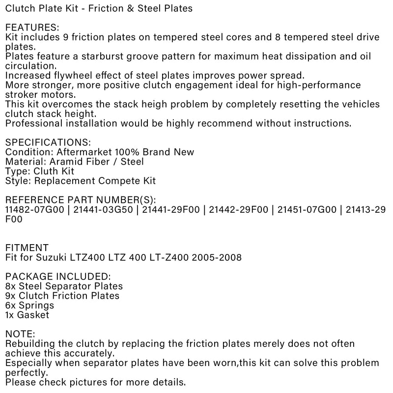 مجموعة أدوات القابض مجموعة أقراص أقراص زنبركية حشية مناسبة لسوزوكي LTZ400 2005-2008 Generic