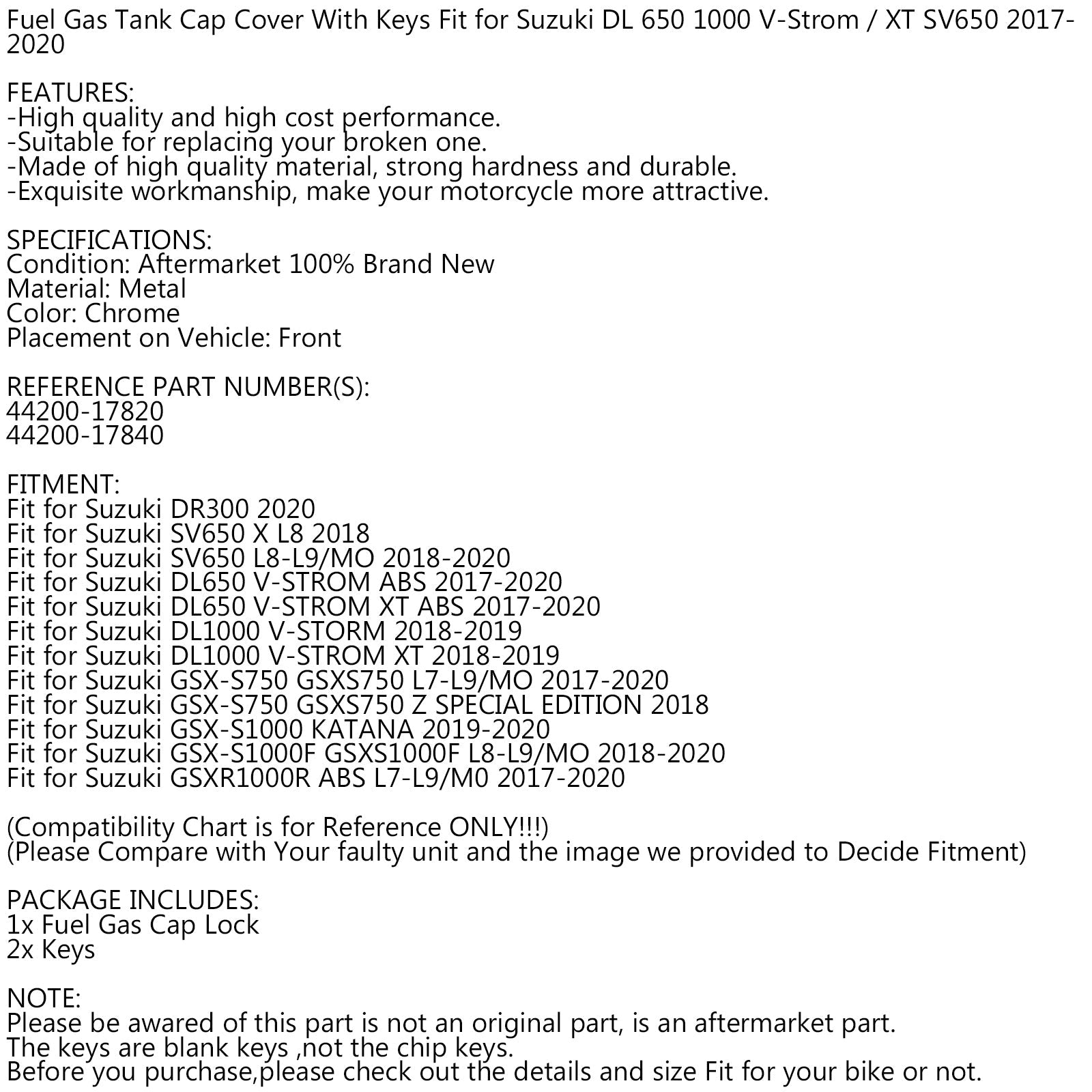 Fuel Gas Tank Cap Keys Fit for Suzuki SV 650 DL 650 1000 V-Strom / XT 2017-2020   Generic