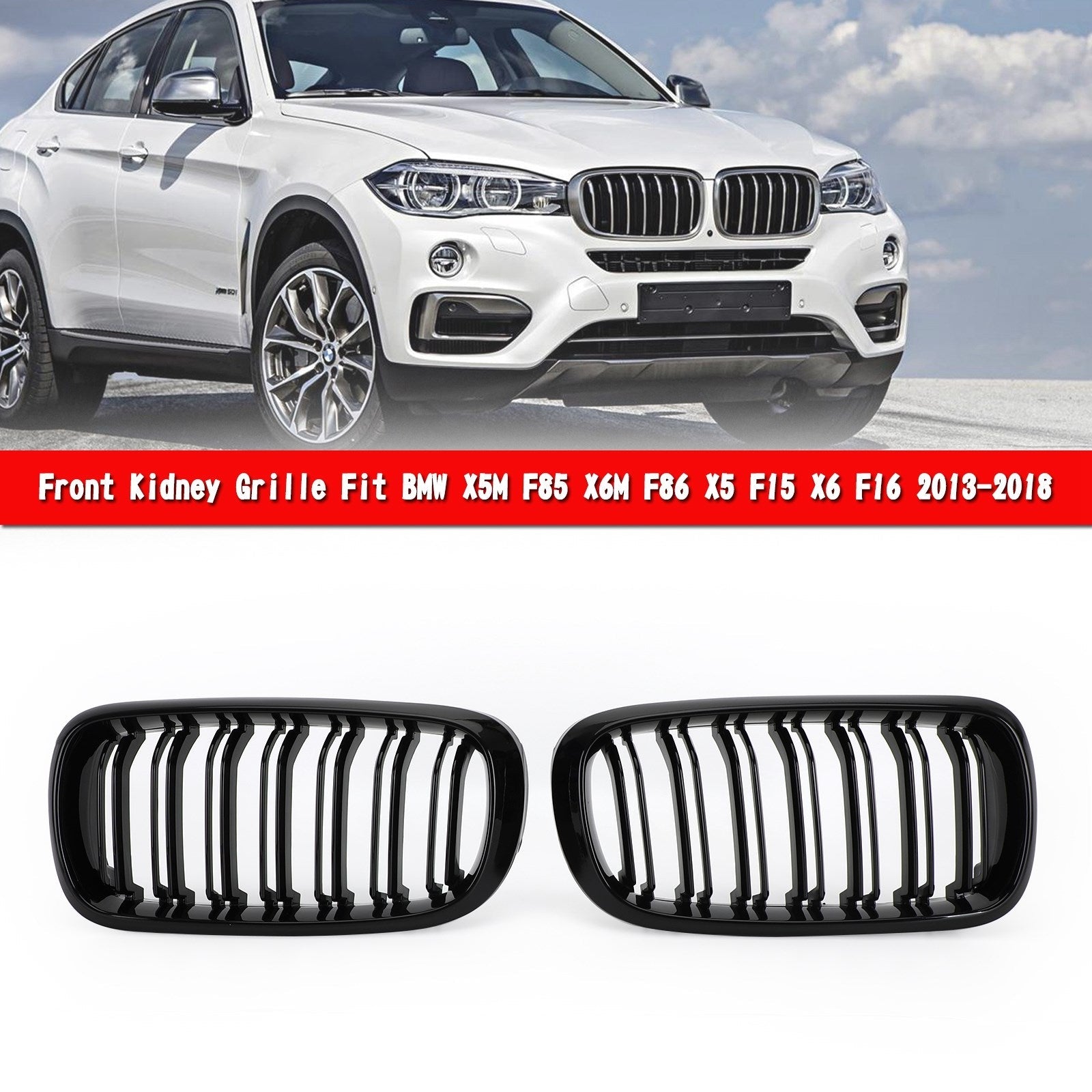 شبكة أمامية مزدوجة باللون الأسود اللامع تناسب BMW X5M F85 X6M F86 X5 F15 X6 F16 13-18 Generic