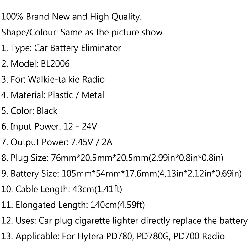 Car Battery Eliminator Accessories For Hytera PD780 PD700 Radio Walkie Talkie