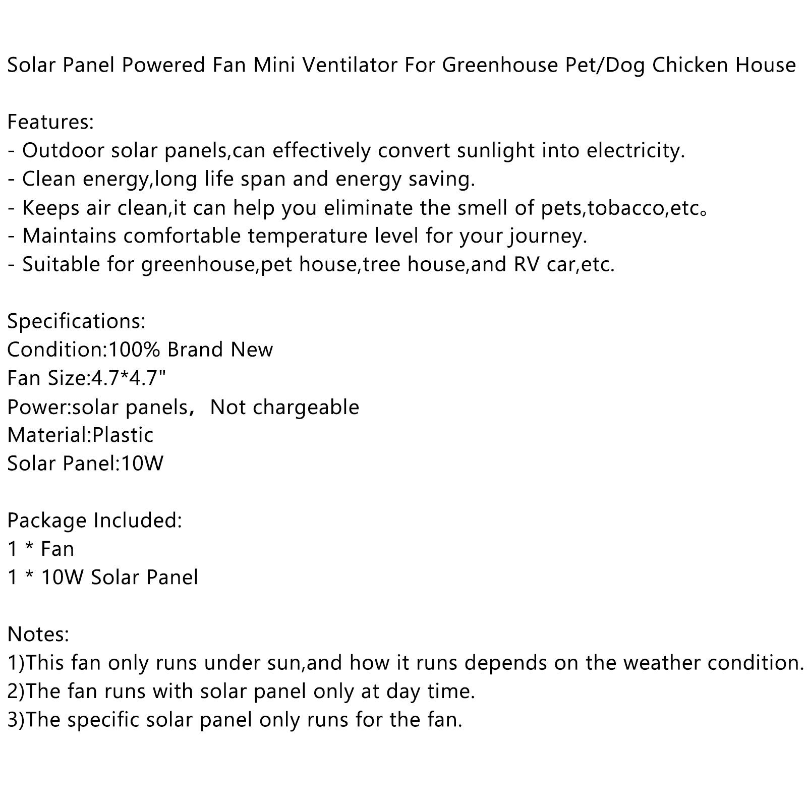 Solar Panel Powered Fan Mini Ventilator For Greenhouse Pet/Dog Chicken House CA Market