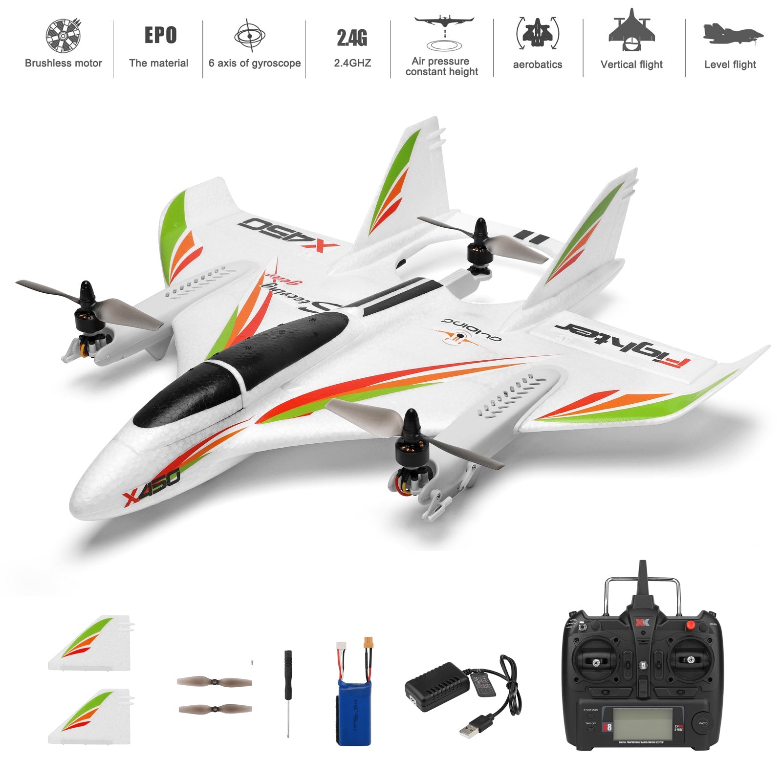 WLtoys XK X450 RC Avión Sin Escobillas 2.4G 6CH 3D/6G LED Ala Fija RTF