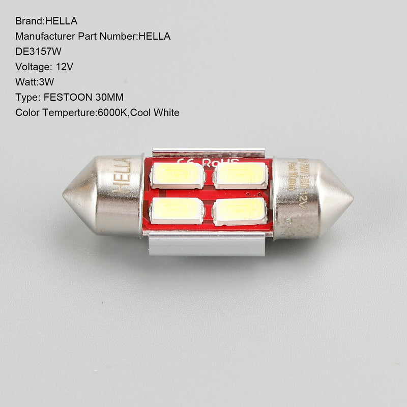 10X For HELLA LED Retrofit DE3157W FESTOON 30MM 12V 3W SV8.5-8 6000K