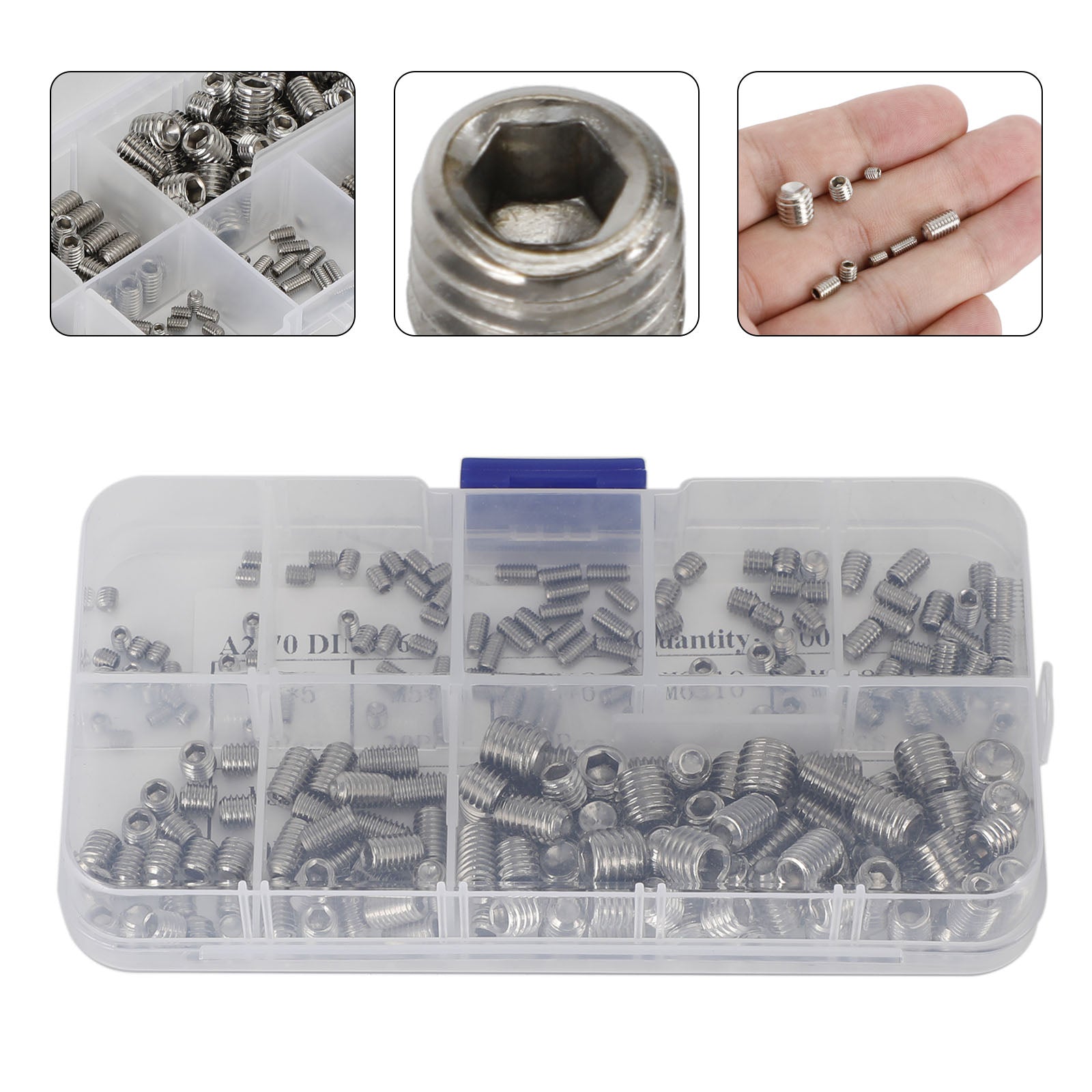 200Pcs Stainles Steel M3-M8 Hex Socket Set Screw Grub Screws Assortment Kit