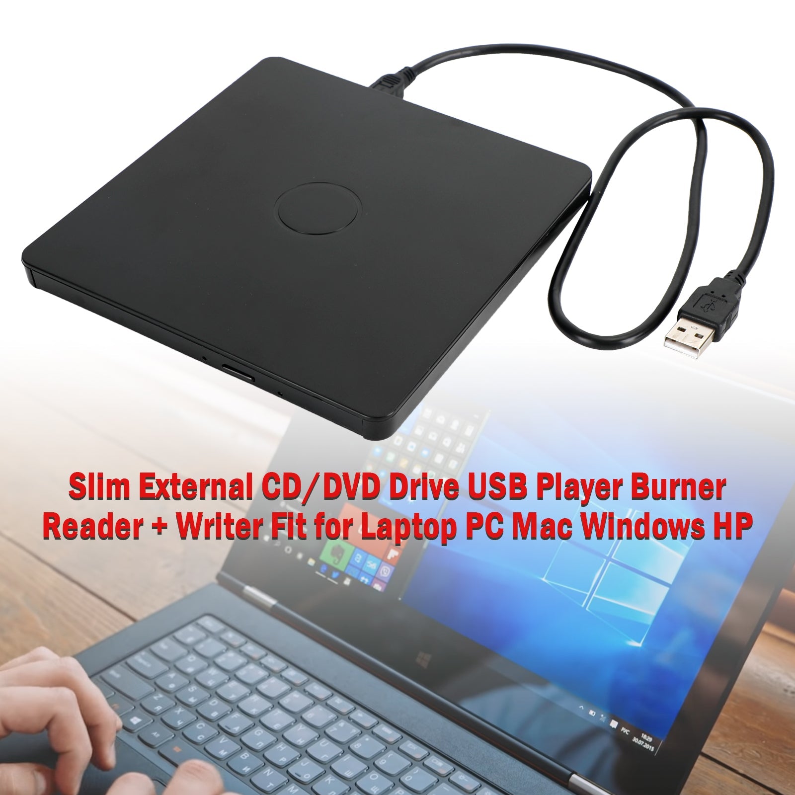 Slim External CD/DVD Drive USB Player Burner Reader + Writer for Laptop PC