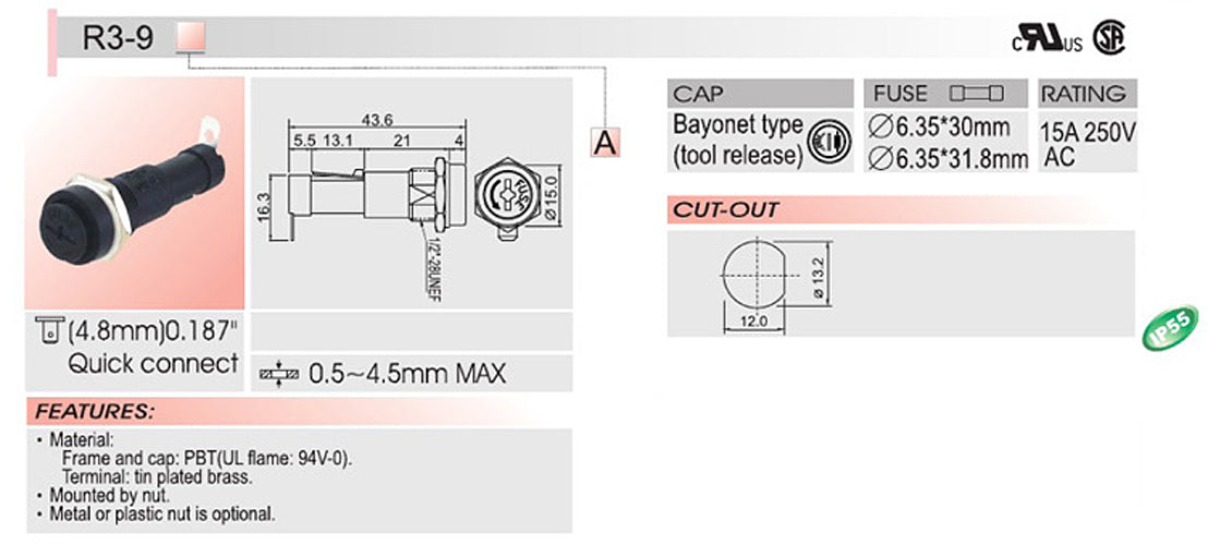 Portafusibles de chasis de montaje en panel SCI R3-9A para fusibles de vidrio de 6x30 mm 15A 250V