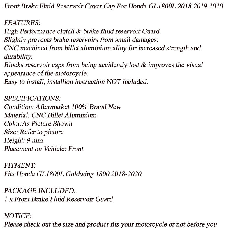 Cuard de líquido de depósito de freno delantero CNC para Honda Goldwing 1800 2018-2020 negro genérico 