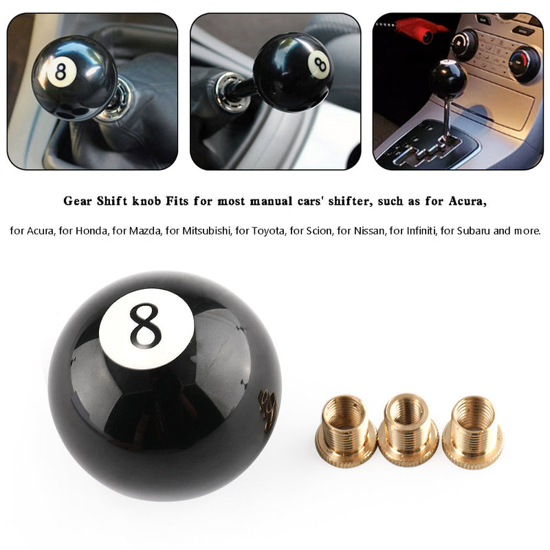 Universal No.8 Billiard Ball Gear Shifter Black Round Shift Knob w/ 3 Adapters Generic