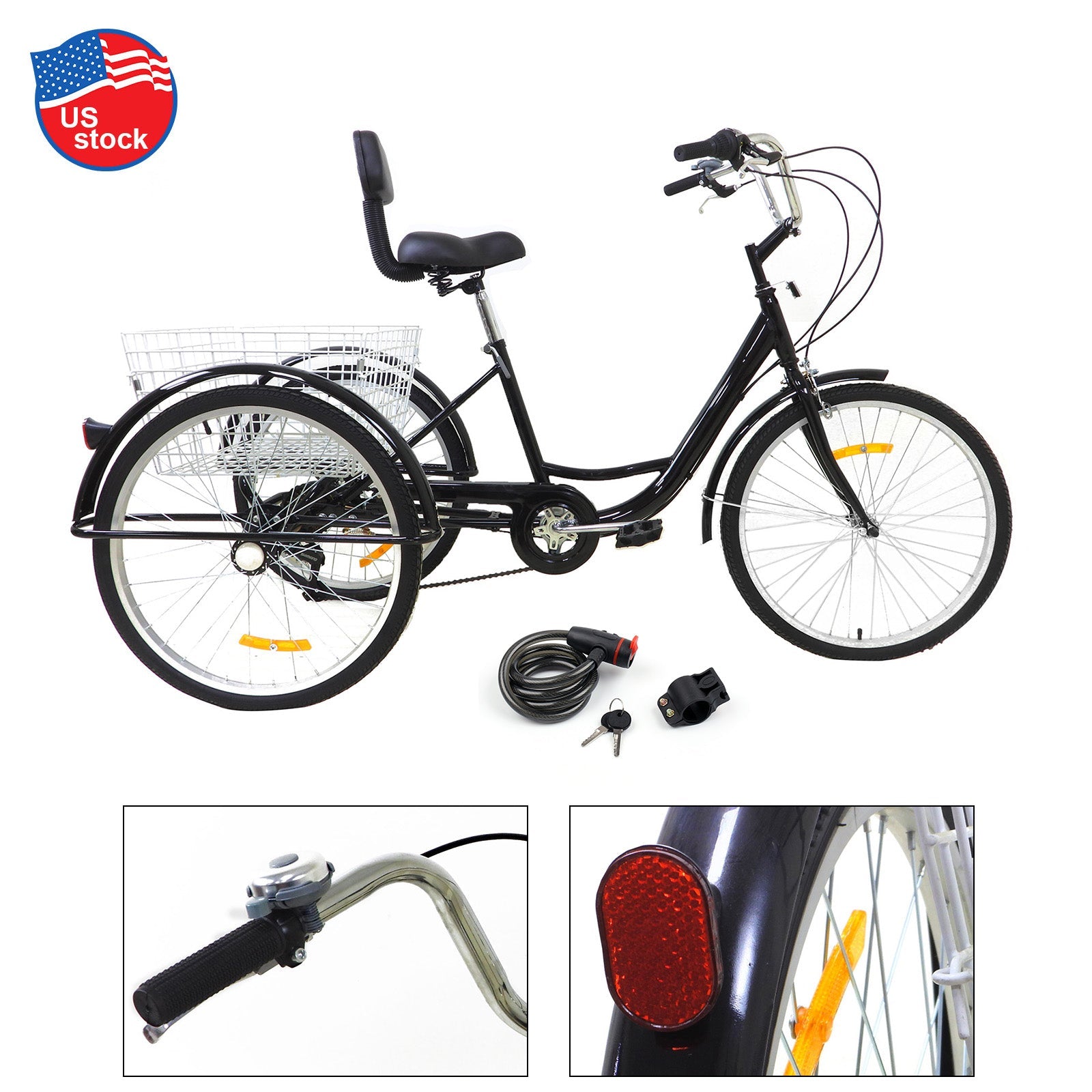 Bicicleta de crucero con triciclo de 3 ruedas para adultos de 7 velocidades y 24 "con cesta