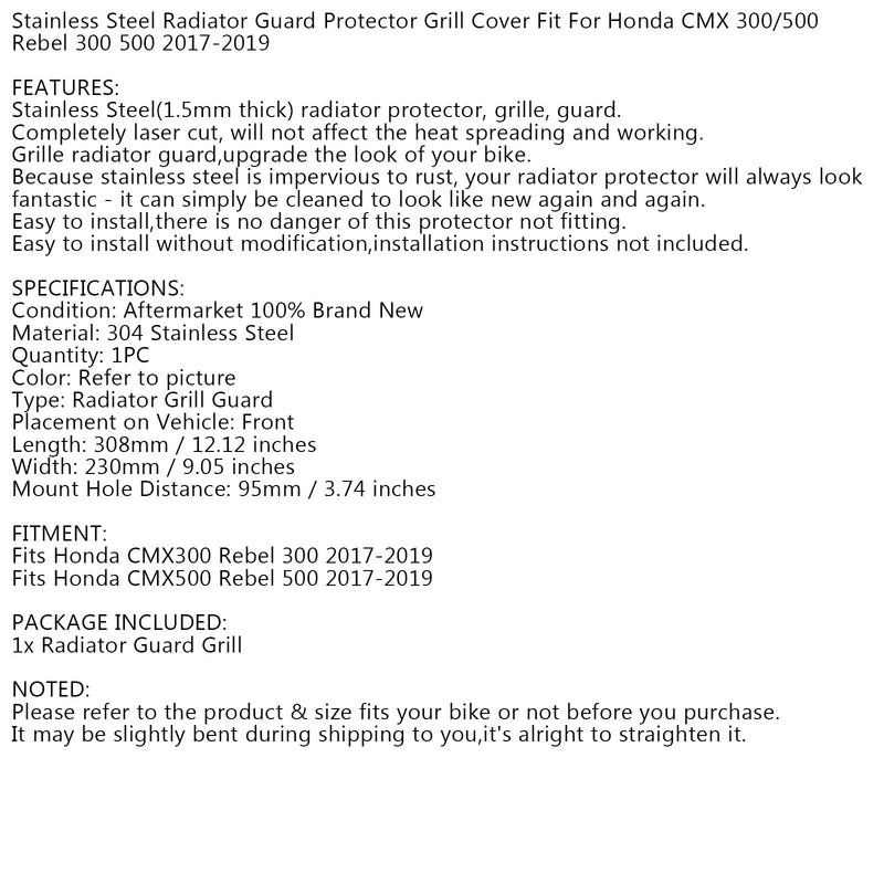 Protector de cubierta de protección de radiador para Honda Rebel CMX 300 500 2017-2020 negro genérico