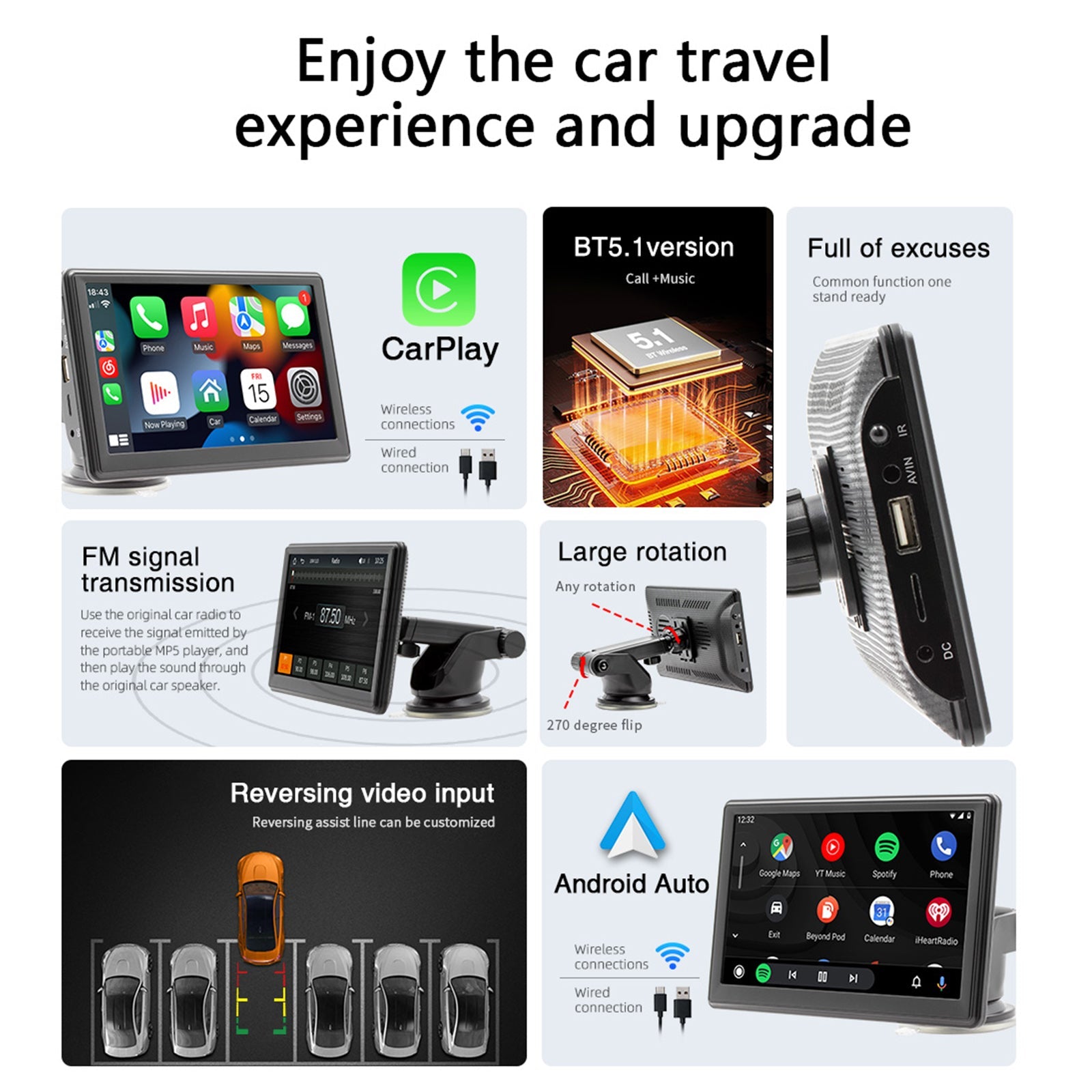 7" Wireless Carplay Bluetooth Stereo Radio FM Car MP5 Player + 4 LED Camera