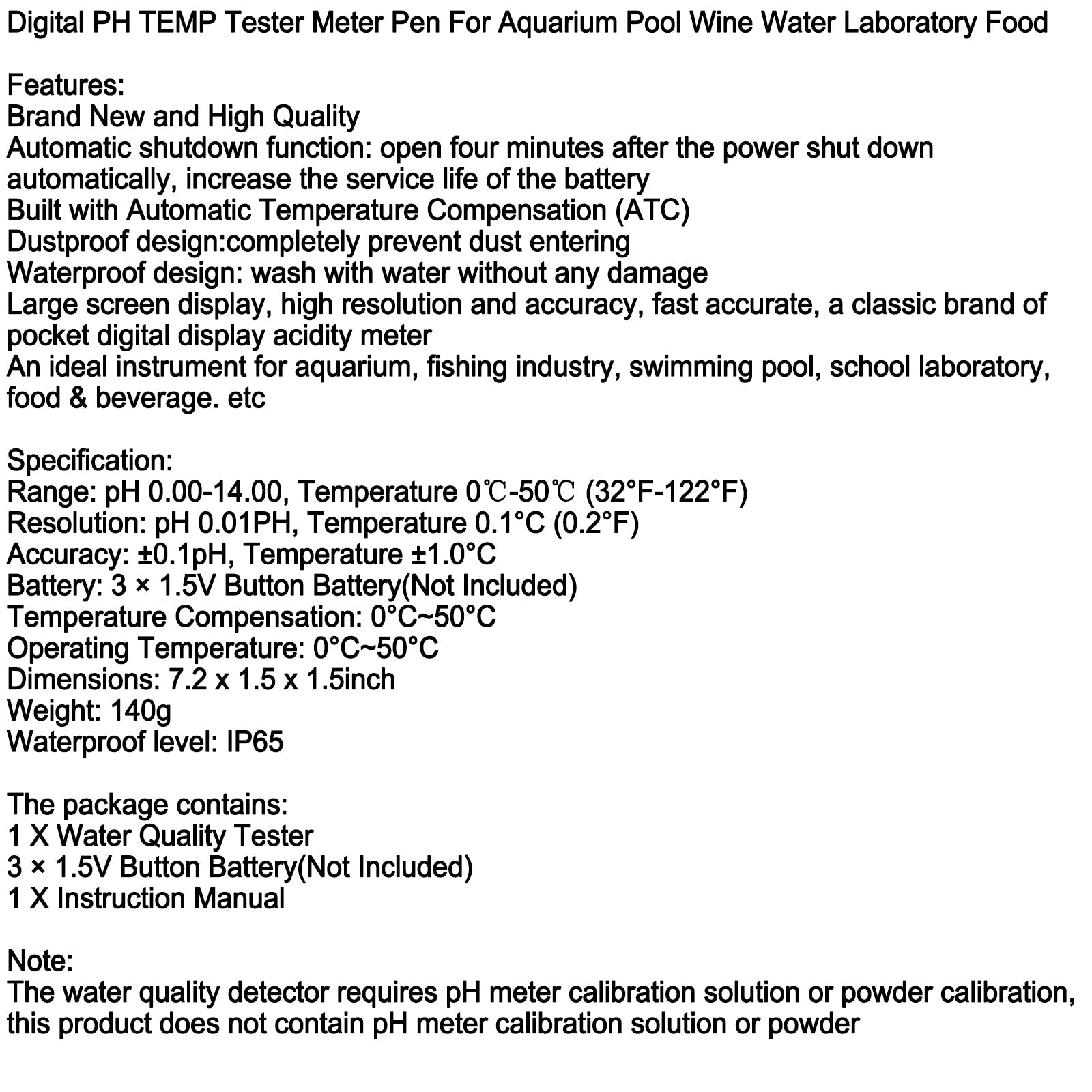 Digital PH TEMP Tester Meter Pen For Aquarium Pool Wine Water Laboratory Food