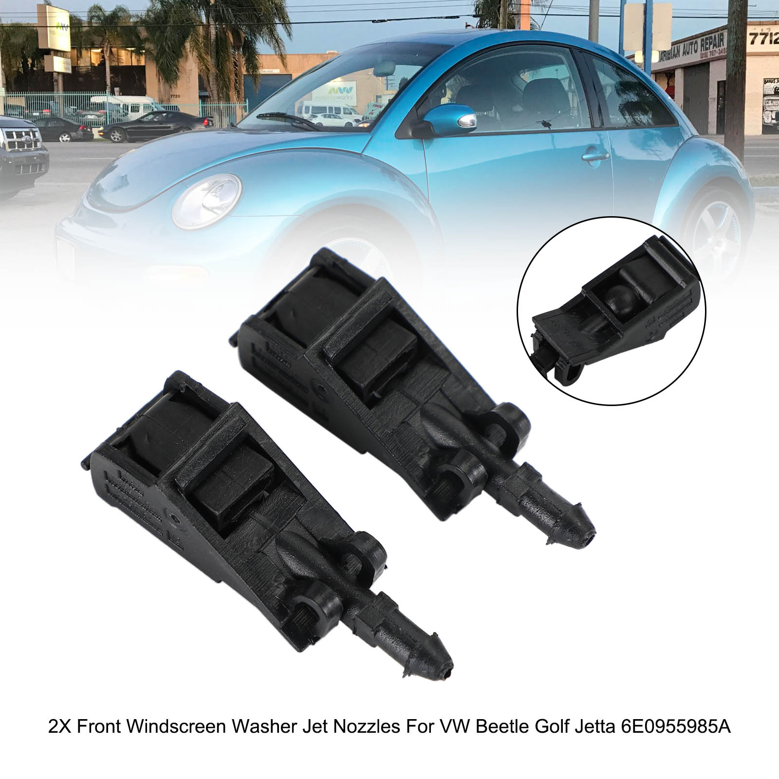 2 boquillas de chorro para limpiaparabrisas delantero para VW Beetle Golf Jetta 6E0955985A genérico