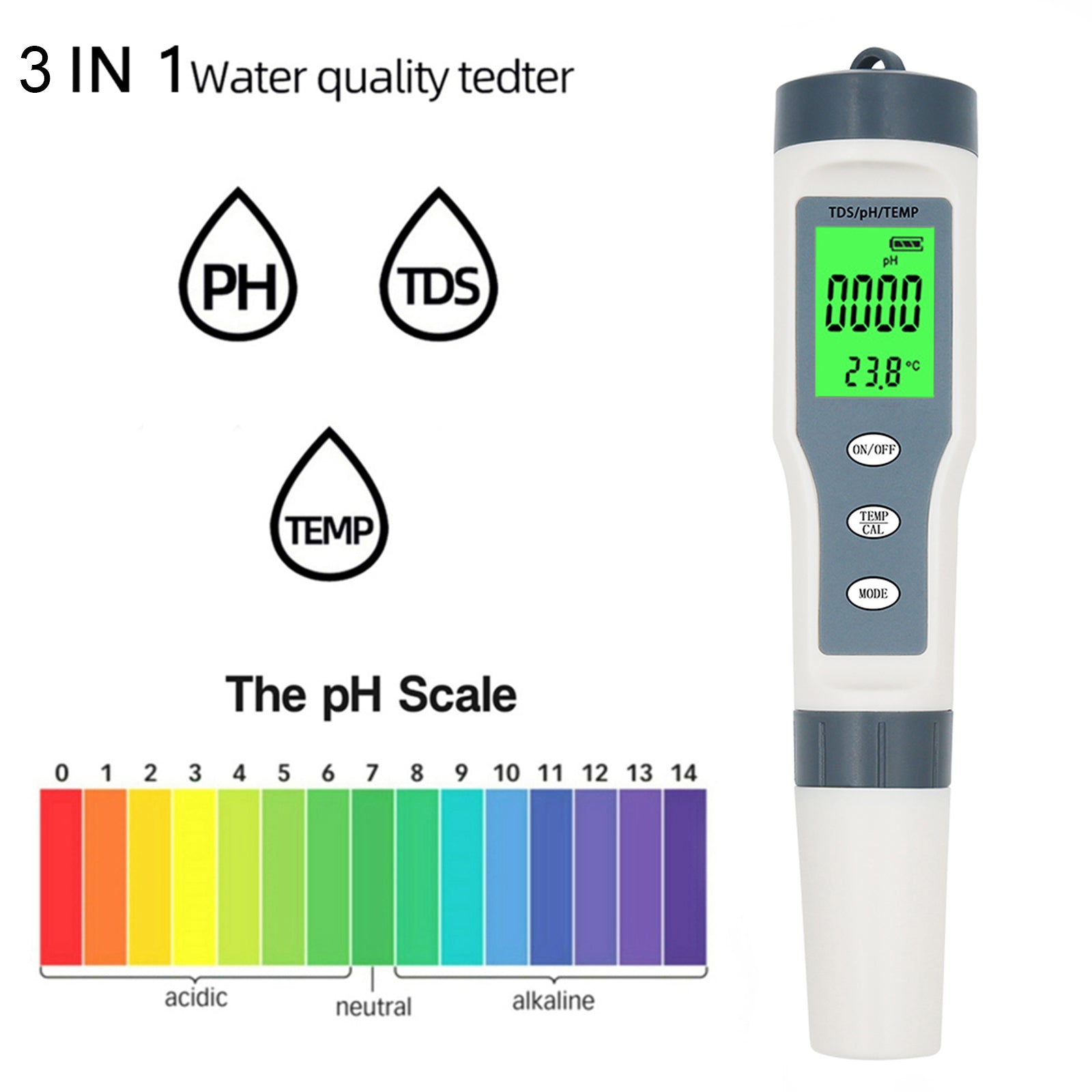 3 en 1 Digital PH TDS TEMP impermeable medidor de calidad del agua herramienta de pluma de prueba