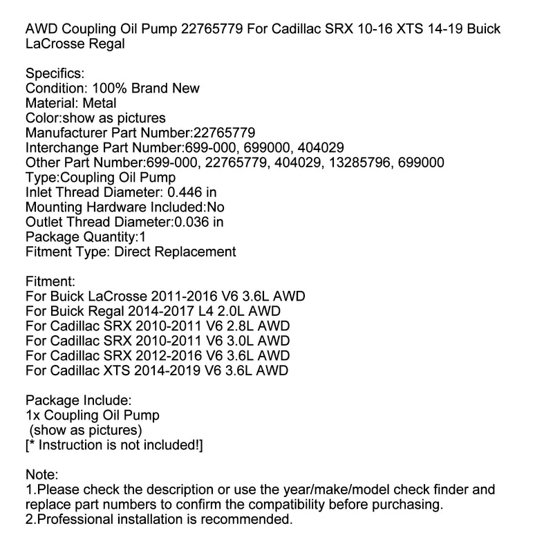 AWD Coupling Oil Pump 22765779 For Cadillac SRX 10-16 XTS 14-19 Buick LaCrosse