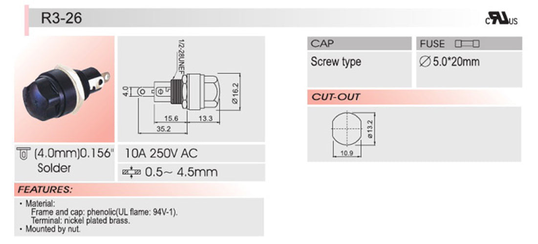 SCI R3-26 Panel Mount Chassis Fuse Holder For 5x20mm Glass Fuses 10A 250V