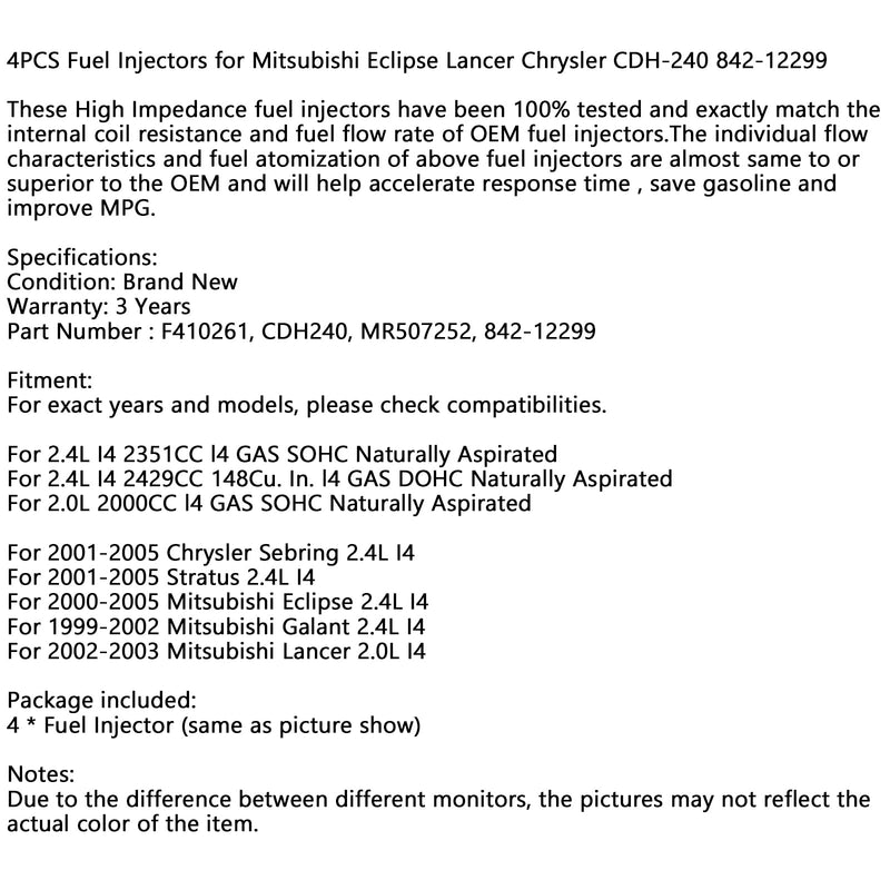 4 inyectores de combustible para Mitsubishi Eclipse Lancer Chrysler CDH-240 842-12299 genérico