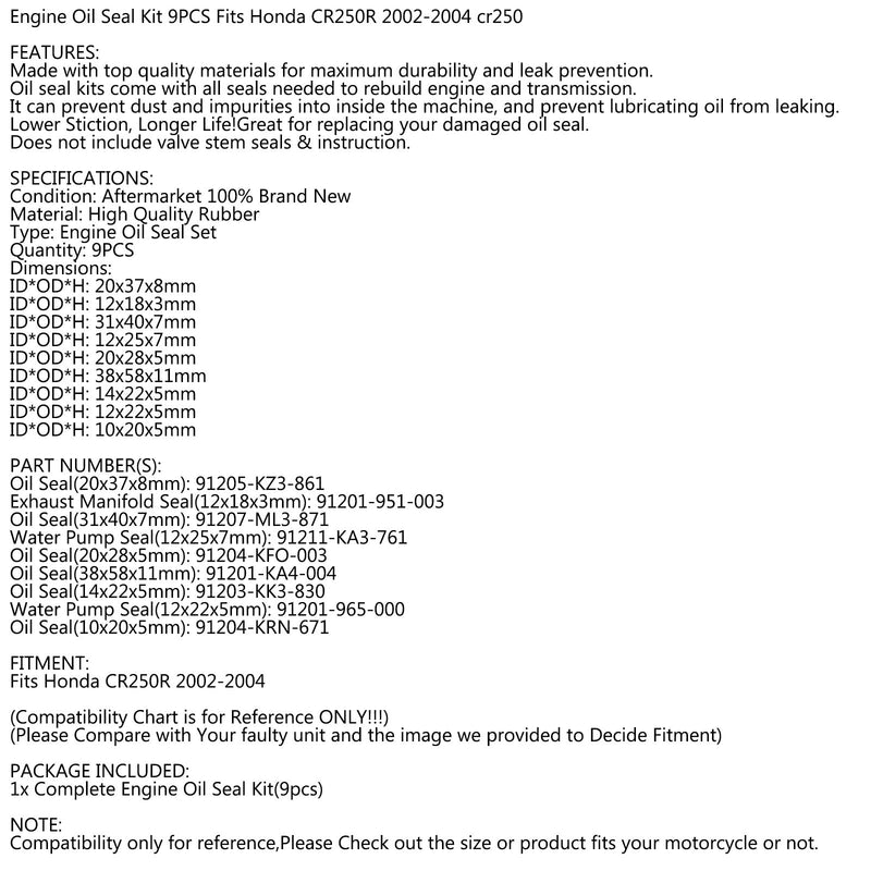 9 قطعة مجموعة أدوات ختم زيت المحرك لهوندا CR250R 2002-2004 cr250r cr-250r عام
