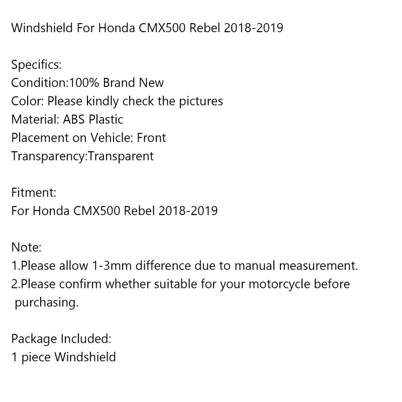 Parabrisas de plástico ABS para motocicleta Honda CMX500 Rebel 2018-2019 genérico 