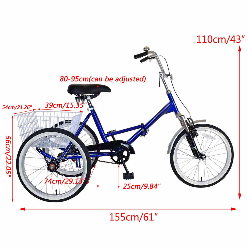Triciclo plegable de 20 pulgadas, triciclo para adultos plegable azul, bicicleta de 3 ruedas